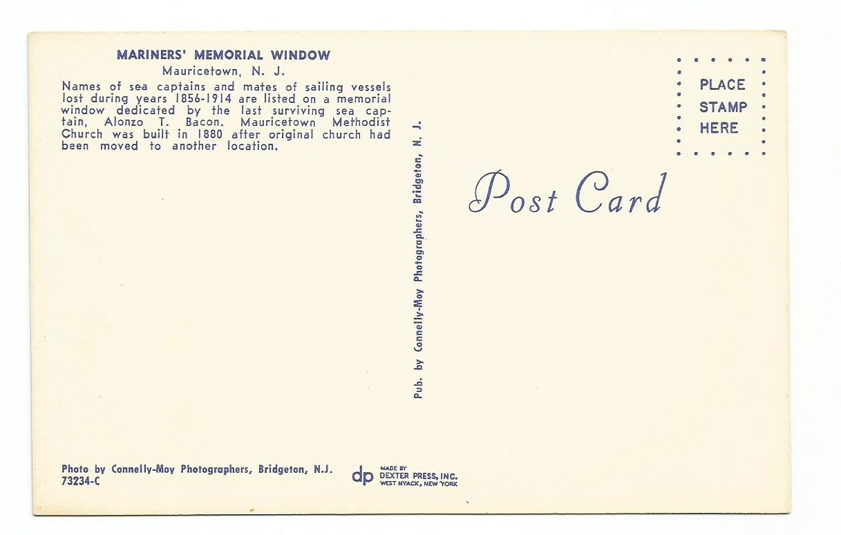 Mauricetown NJ Postcard New Jersey Mariners Memorial Window Methodist