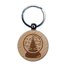 Christmas Tree in Snowglobe Engraved Wood Round Keychain Tag Charm
