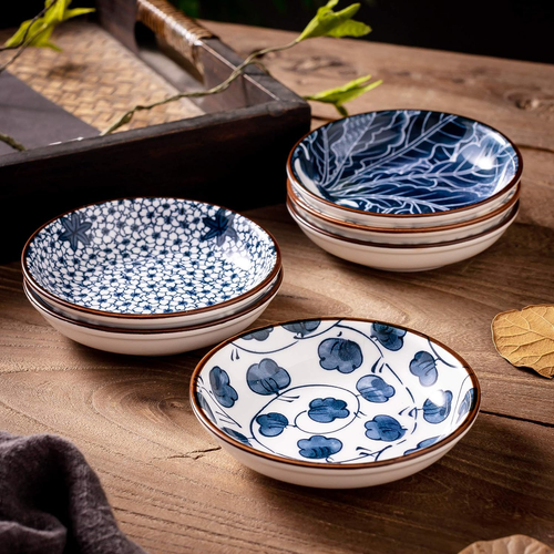 "Set of 6 Japanese Style Ceramic Dipping Bowls, Blue and White, 3 Oz" - Picture 5 of 8