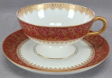 Antique Haviland Limoges Gold Floral Scrollwork & Red Pedestal Tea Cup & Saucer
