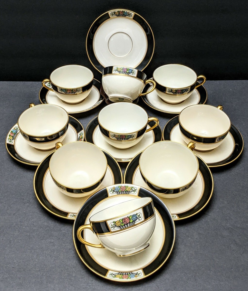 9 Sets Antique Lenox Meadowbrook M16 Black Band Enamel Floral Tea