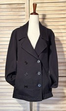 Size L Norma Kamali Black Double Breasted Cotton Blend Knit Jersey Pea Coat