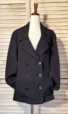 Size L Norma Kamali Black Double Breasted Cotton Blend Knit Jersey Pea Coat