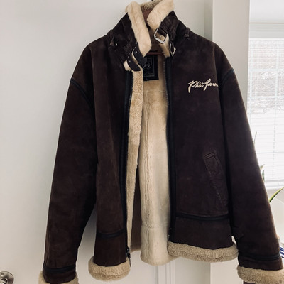 Vintage Y2K Phat Farm Jacket Mens XL Shearling Suede Bomber Aviator Coat  Brown