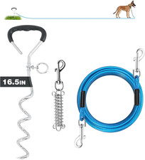 Dog Tie Out Cable and Stake, 15 FT Heavy Duty Dogs Lead Cable with Detachable...