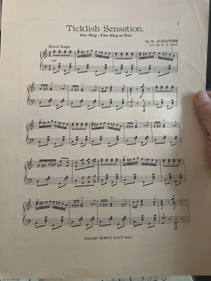 1914 E.T. Paull Ragtime Instrumental Sheet Music TICKLISH SENSATION by Alexander - Image 2 of 2