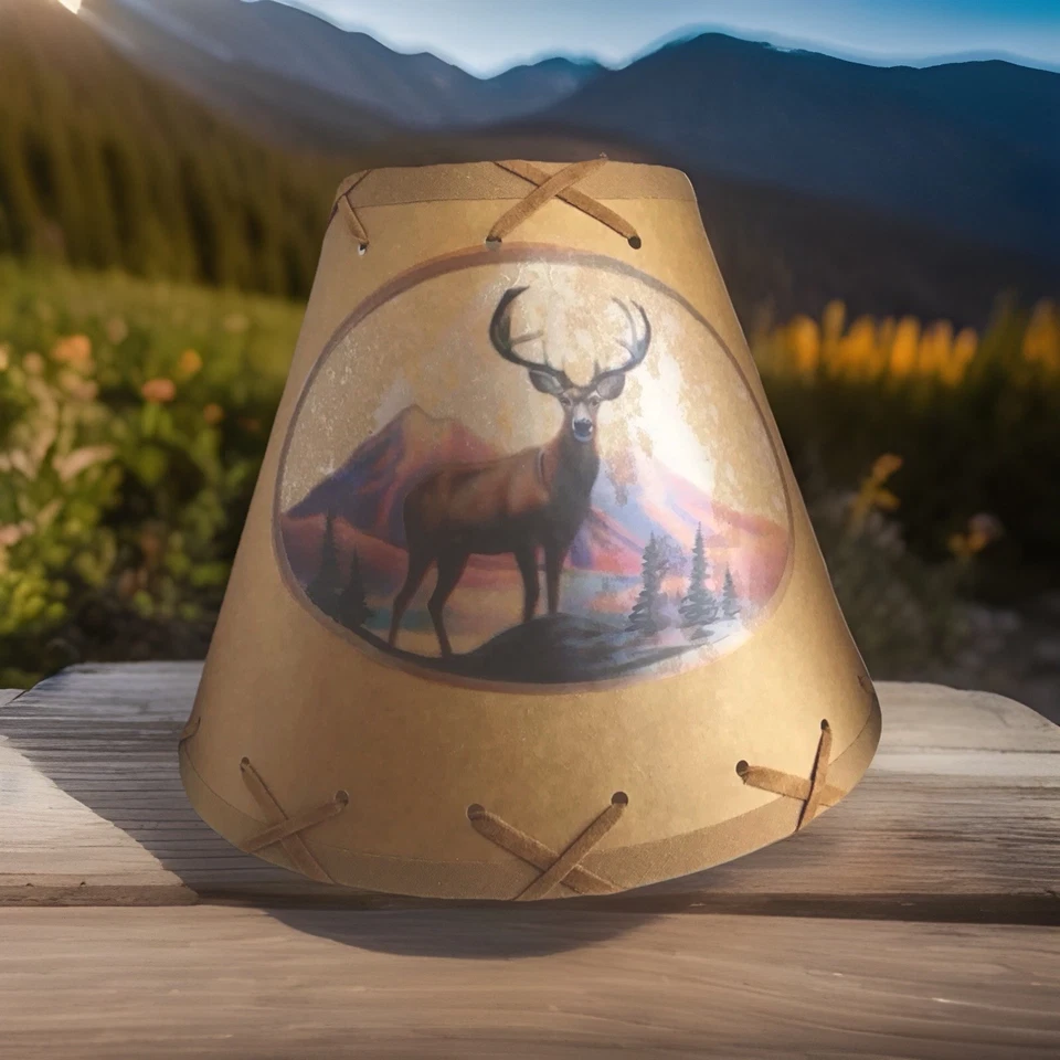 Calcomanía rústica occidental estilo clip pantalla lámpara ciervo montaña cuero crudo con cordones 9x4x7 Foto 2 de 4