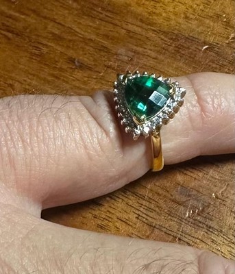 Sterling Silber 925 R Ring goldfarben Gr. 7,25 Birne grüner Smaragd & Diamant Heiligenschein