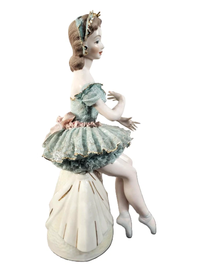 Figura Muñeca Bailarina Dresden Falda Encaje Verde Cerámica Grande 12.5" RARA Foto 2 de 4
