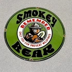 VINTAGE 12” SMOKEY BEAR FOREST PORCELAIN SIGN CAR GAS OIL TRUCK MOTORCYCLE