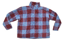 Eddie Bauer Women XXL Fleece Pullover Quarter Zip Plaid Check Blue Maroon Heavyw