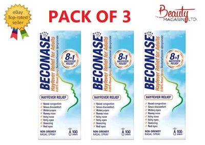 3 x Beconase Hayfever Relief Nasal Spray 8-in-1 Effective Relief for Allergy