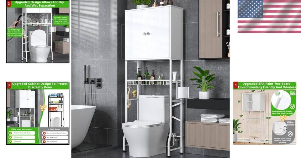 Armario de almacenamiento de inodoro sobre inodoro baño organizador estantes doble puerta mod... Foto 2 de 4