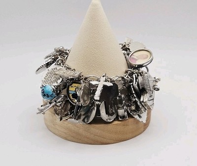 Wells Sterling Silver Vintage Fully Stacked Heart Link Charm Bracelet 8''