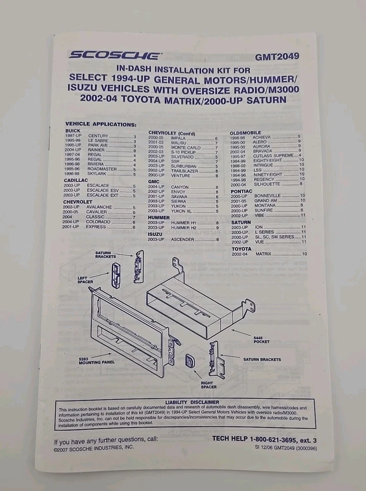 Scosche In-Dash Installation Kit 1994-up General Motors GMT2049 new Open Box - Image 2 of 4