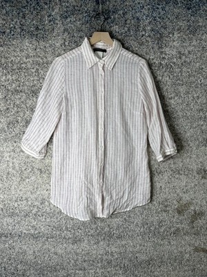 Weekend Max Mara Shirt Womens 10 White Linen Striped Tunic Top 3/4 Sleeve