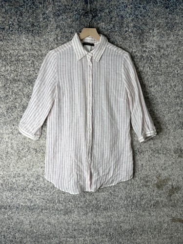 Weekend Max Mara Shirt Womens 10 White Linen Striped Tunic Top 3/4 Sleeve