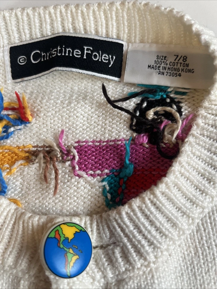 De Colección Christine Foley Suéter Niñas Talla 7/8 Niños del Mundo Estampado Cárdigan Años 90 Foto 4 de 4