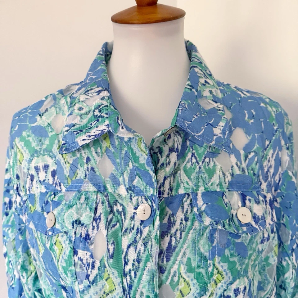 Ruby Rd Button Front Linen Blend Semi Sheer Roll Tab Sleeve Jacket Top Shirt 18 - Image 2 of 4