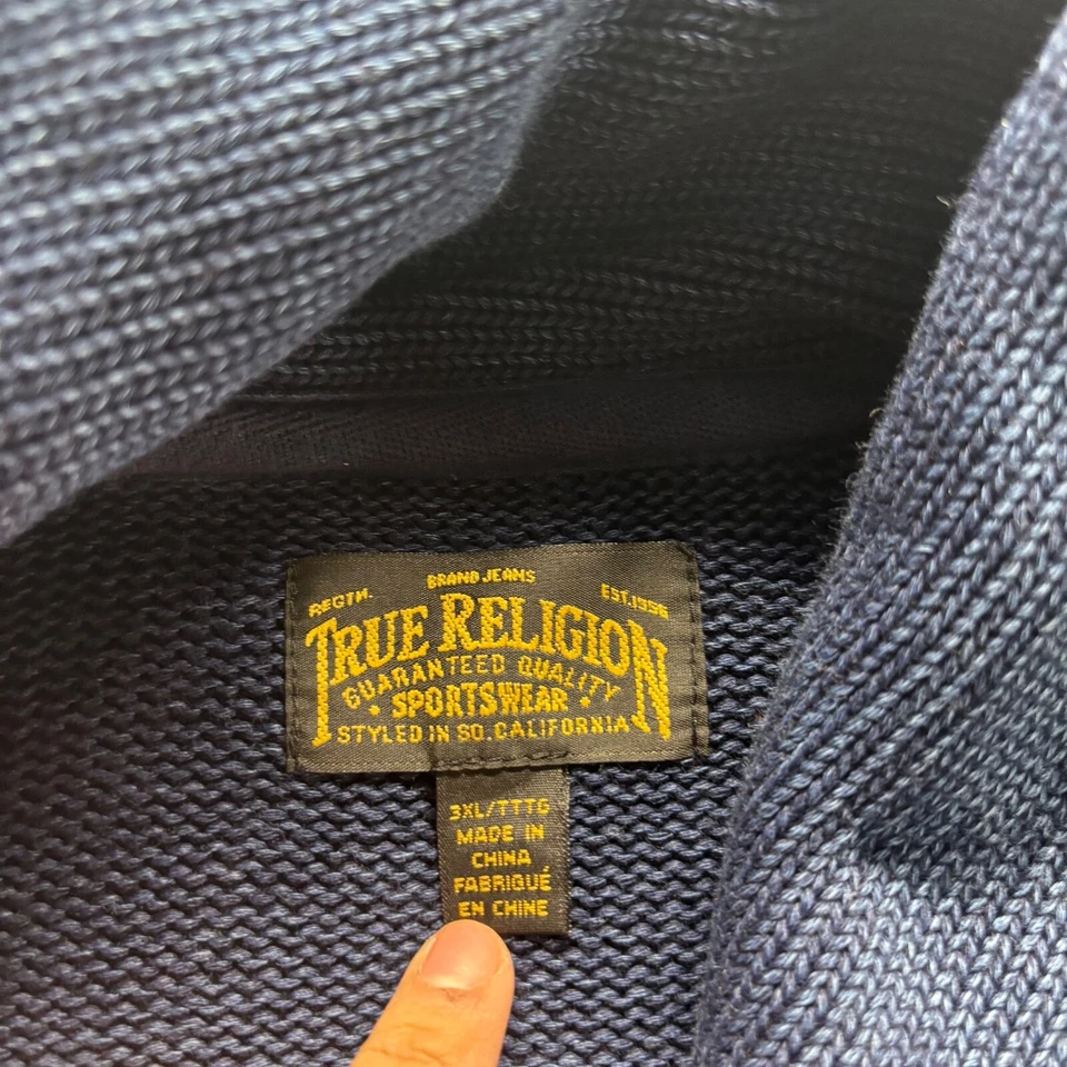 Suéter True Religion Para Hombres 3XL Azul Algodón Abotonado Cable Tejido Capucha Cuello Foto 3 de 4