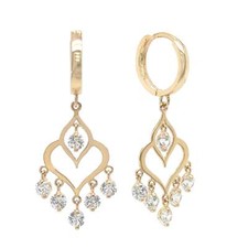 14k Yellow Gold Heart Dangle Hoop Huggie CZ Earrings