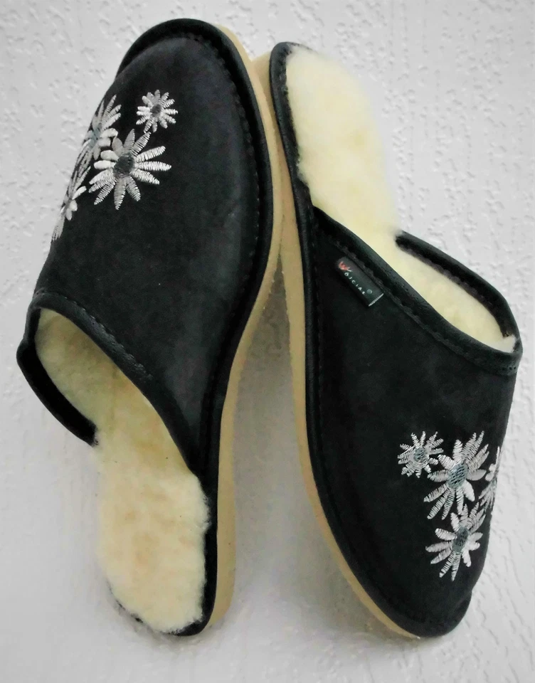 WARME Hausschuhe Pantolette Gr.35 Wild LEDER+Schurwolle+bequem Dunkel Blau - Bild 1 von 4