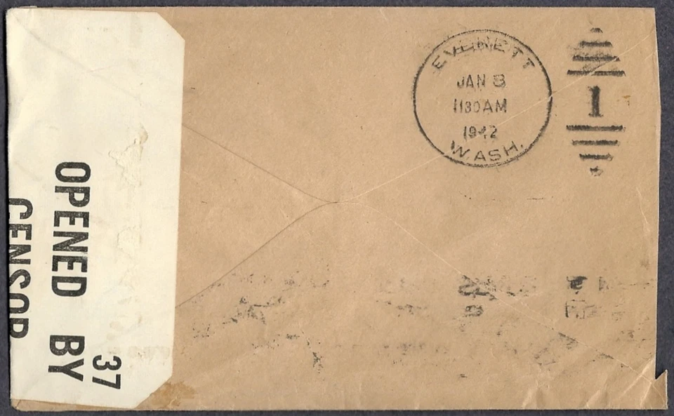 1941 CEYLON Censored Cover REDIRECT Colombo to Everett WA Hollywood CA JAN 1942 - Image 2 of 2