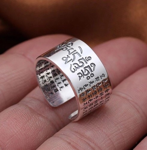 s999 100% silver buddhist heart sutra resizable ring unisex