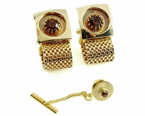 Wrap Around Mesh Cufflinks Brown Stone Faux Topaz November Birthstone Color - Picture 1 of 3