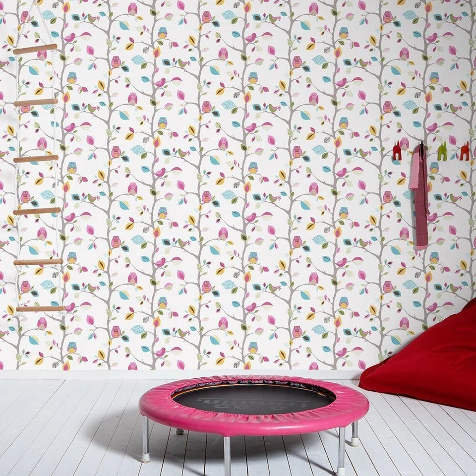 Милые мультяшные пастельные совы на деревьях обои декор моющиеся детские детские для младенцев - Изображение 2 из 3