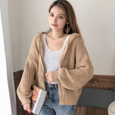 Damen Freizeit Kurz Pullover Jacke Weich Kapuzenjacke Strick Top Kapuze Zipper