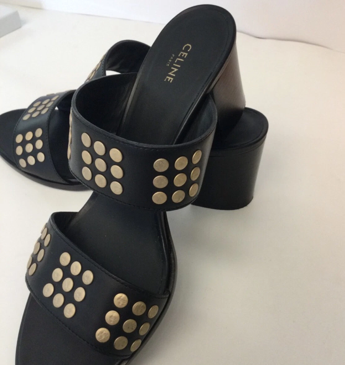 CELINE STUDDED ACCENT BLOCK HEELED SANDALS BLACK SIZE 37.5 NEW NO BOX