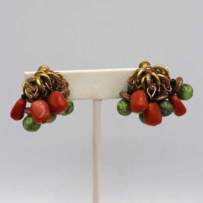 Vintage Miriam Haskell Orange & Green Bead Brass Earrings 1950s