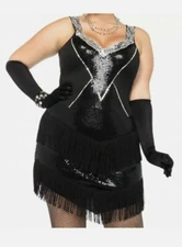 1920s 20s Flirty Flapper Black Silver Sequine Dress Womens Costume Plus Size NEW