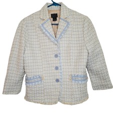 Mcm Womens Blue And White Tweed 3 Button Raw Hem Tailored Blazer Jacket Size Med