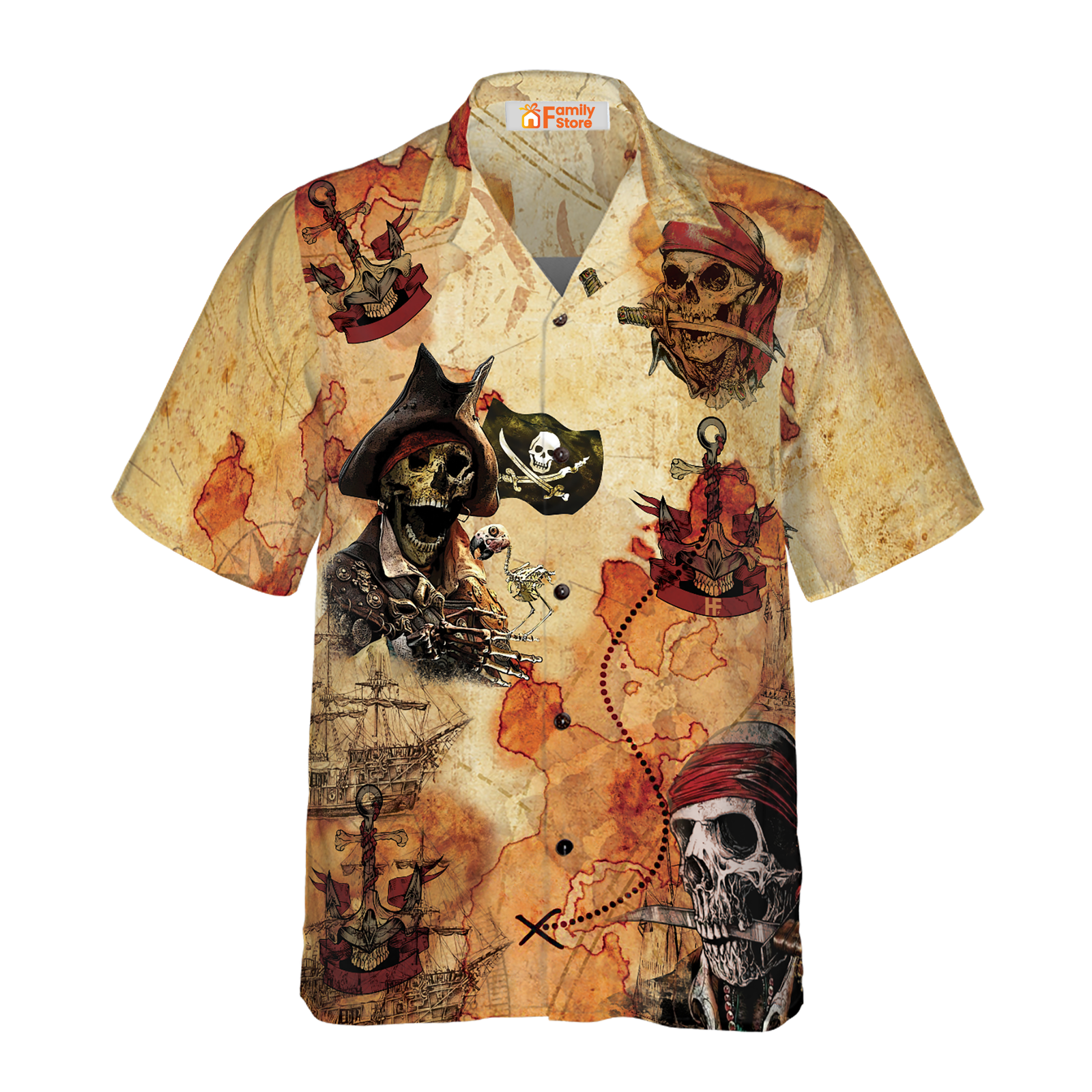 Pirate Skull Treasure Hunt Hawaiian Shirt For Men US Size Summer Style NEW