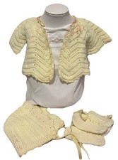 VTG 5-Piece Yellow Knit Baby Outfit Sweater, Hat, Booties  Lined One Piece