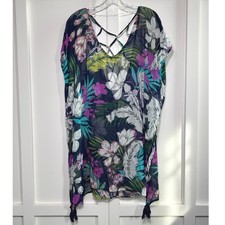 Kona Sol Womens Medium Tropical Floral Tassel Lattice Back Swim Cover Up Navy