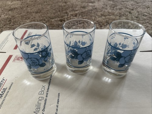 Set of 3 Corning Corelle BLUE VELVET Rose Flower JUICE Glasses Signed Crisa