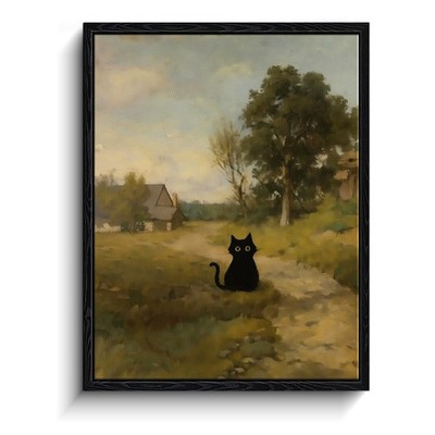Framed Black Cat Wall Art, Funny Black Cat in Countryside Landscape Barbizon ...