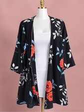 Forever 21  Women  s Black Floral Open-Front Kimono  S