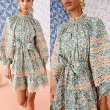 Ulla Johnson Dress Floral Cotton Mini Long Sleeve Green Pink Boho Ardith Sz 8
