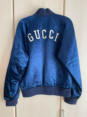 GUCCI x NY Yankees Satin Bomber Varsity Jacket IT46 Navy Blue Stain From Japan