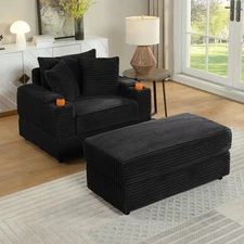 FunniHomi Chaise Lounge Chair Indoor, Corduroy Single Sofa with Ottoman & Pillow