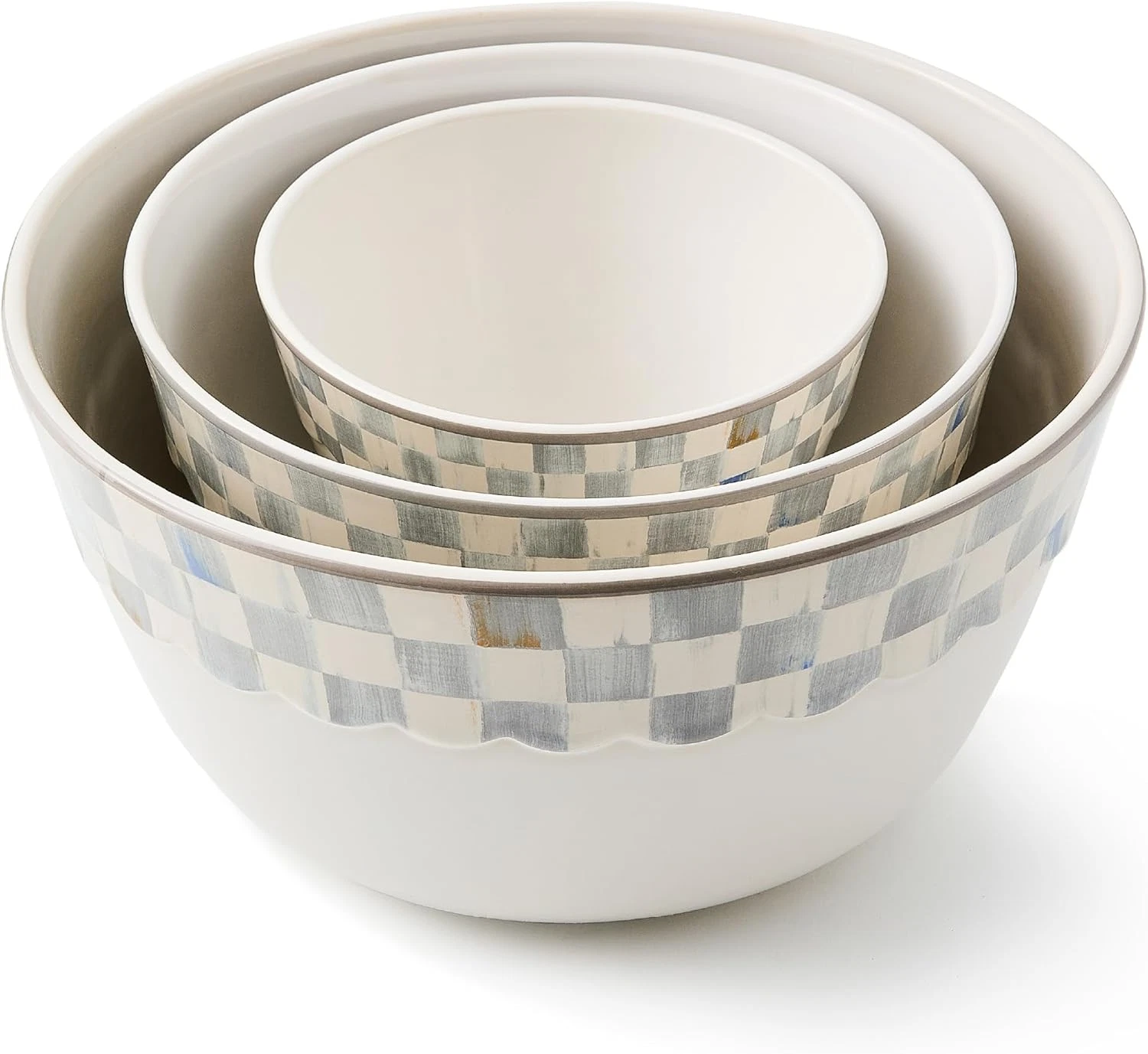 Stylish 3-Piece Gray-White Check Stoneware Mixing Bowl Set for Daily Use