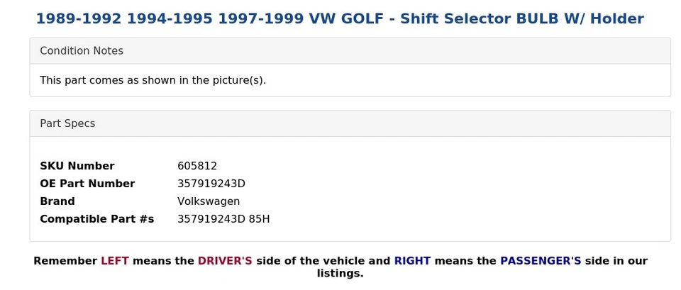 1989-1992 1994-1995 1997-1999 VW GOLF - Shift Selector BULB W/ Holder - Image 3 of 4