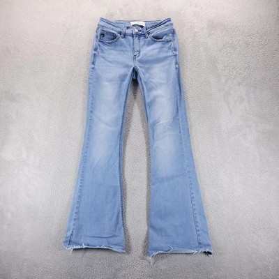 KanCan Jeans Womens 26 Blue Mid Rise Flare Light Wash Raw Hem Stretch Denim