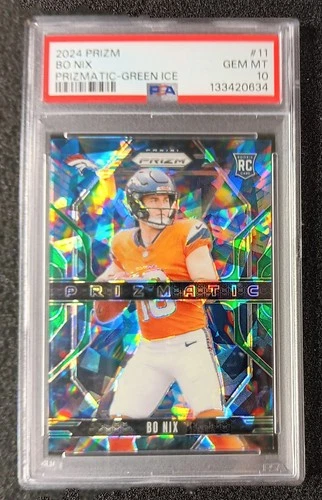 2024 Panini Prizm Bo Nix Prizmatic Green Ice PSA-10 RC Broncos #11 🔥🔥🔥