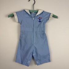 Vintage 80s Baby Blue Sailor Navy One piece Jumpsuit size 0-3 months