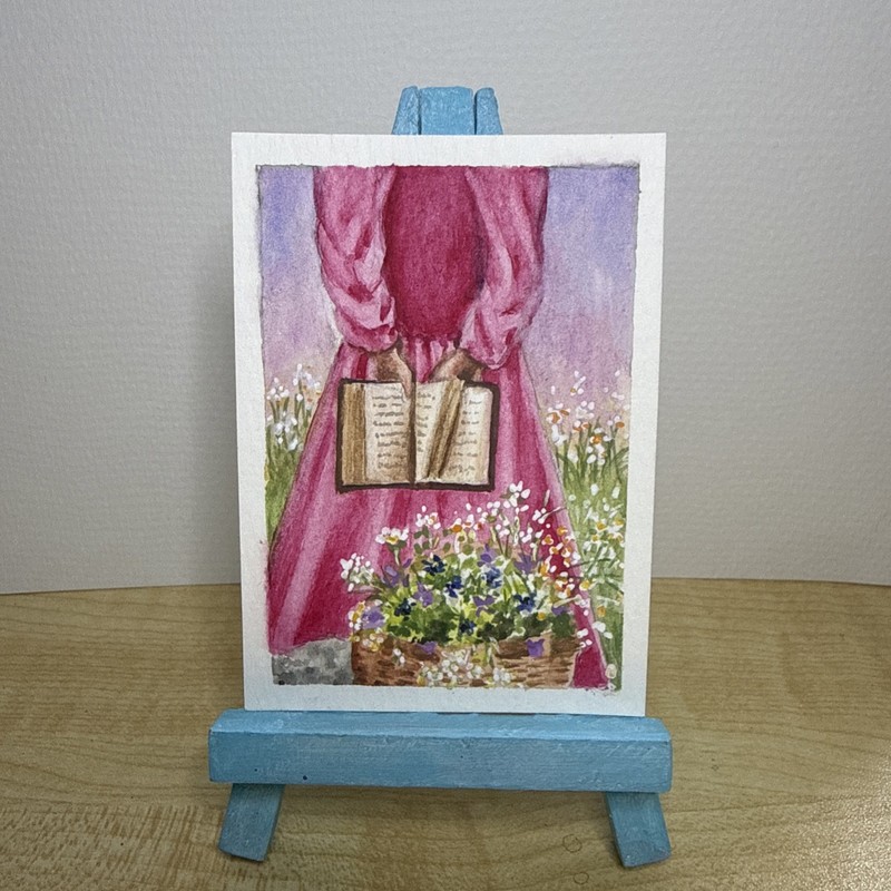 ACEO Original Watercolor Books and Blooms 1 by Riane/RianeArt